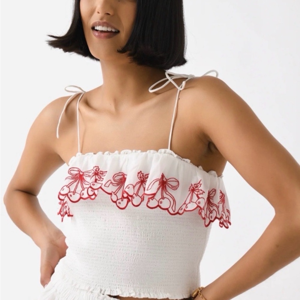 LoveShackFancy White Smocked Tank with Red Embroidered Trim